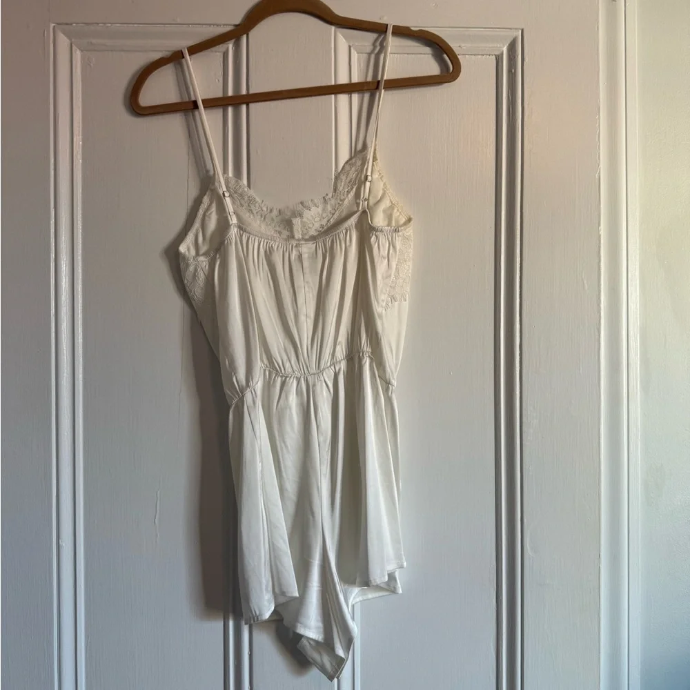 Lulus Be My Love White Satin Lace Lounge Romper - Size - Picture 3 of 6